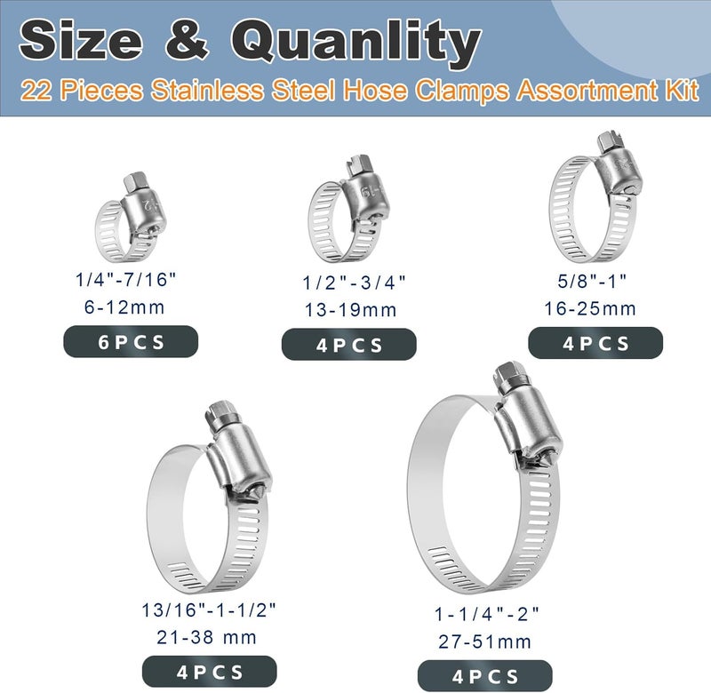 CARLWIN 22pcs Premium Stainless Steel Hose Clamp Assortment Kit, Worm Gear Clamps, 1/4"-2" (6-51mm) Small Hose Clamps for Plumbing, Automotive, Industrial, and Home Use - Image 2